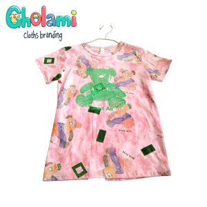 تیشرت دخترانه مدل چاپی کد Gh24-60طرح آبرنگی صورتی