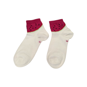جوراب ساق کوتاه سفید سرخابی دخترانه طرح هندوانه مناسب ۹ تا ۱۱ سال